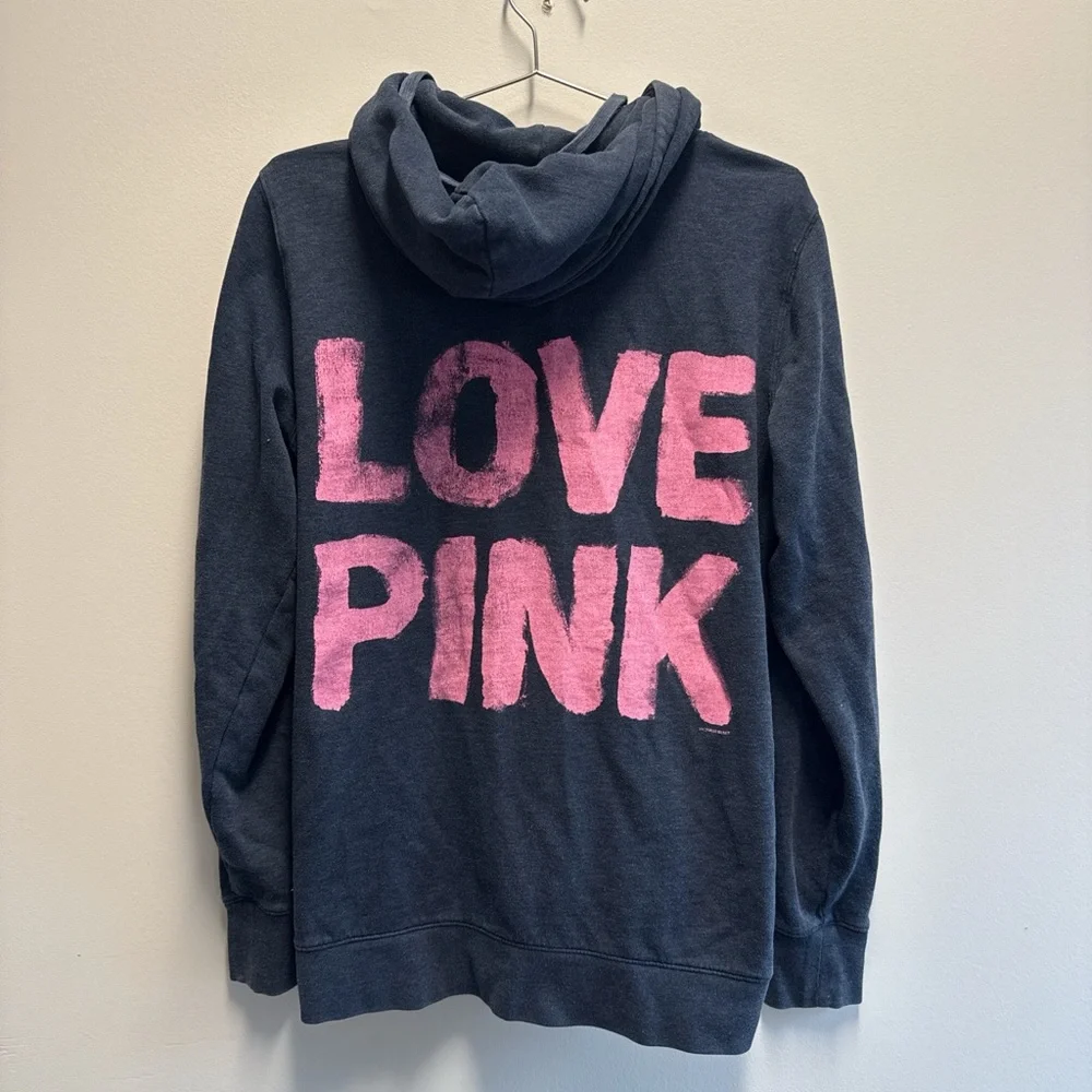 PINK Victoria's Secret Navy Hoodie with Pink "LOVE PINK" Graphic - Picture 1 of 2